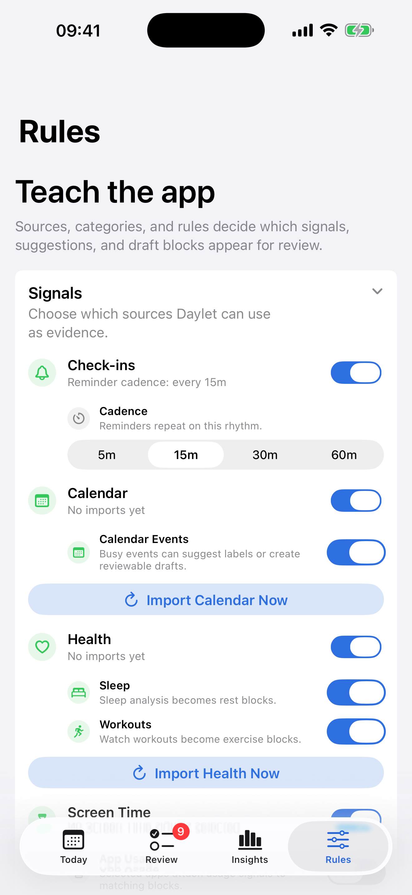 Daylet rules screen for repeated patterns